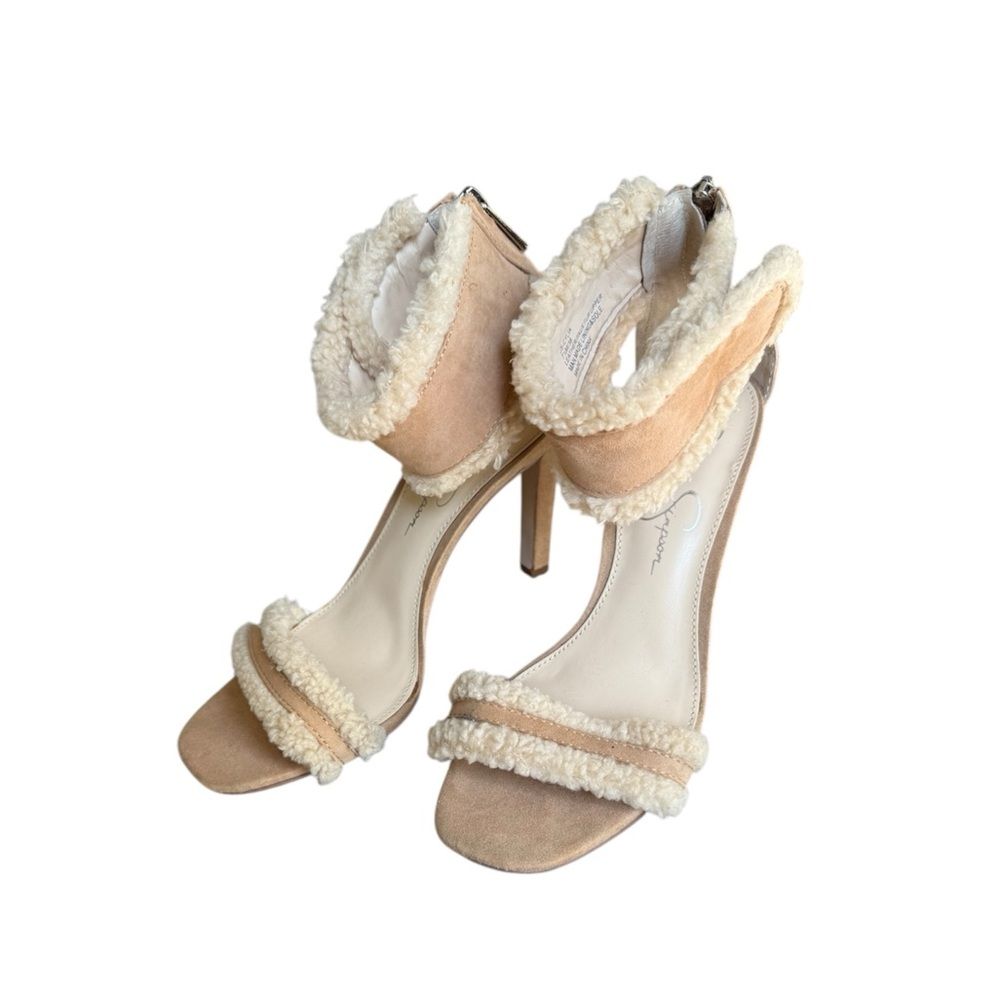 Jessica Simpson Women's Cylia Fleece Trimmed Heeled Sherpa Heels Sandals 7.5